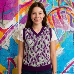 Vans Women’s Purple Geometric Argyle Sleeveless Sweater Vest Embroidered Logo S